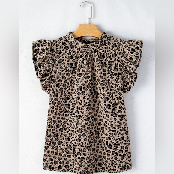Khaki Animal Print Ruffle Sleeve Back Button Top - Picture 8 of 14